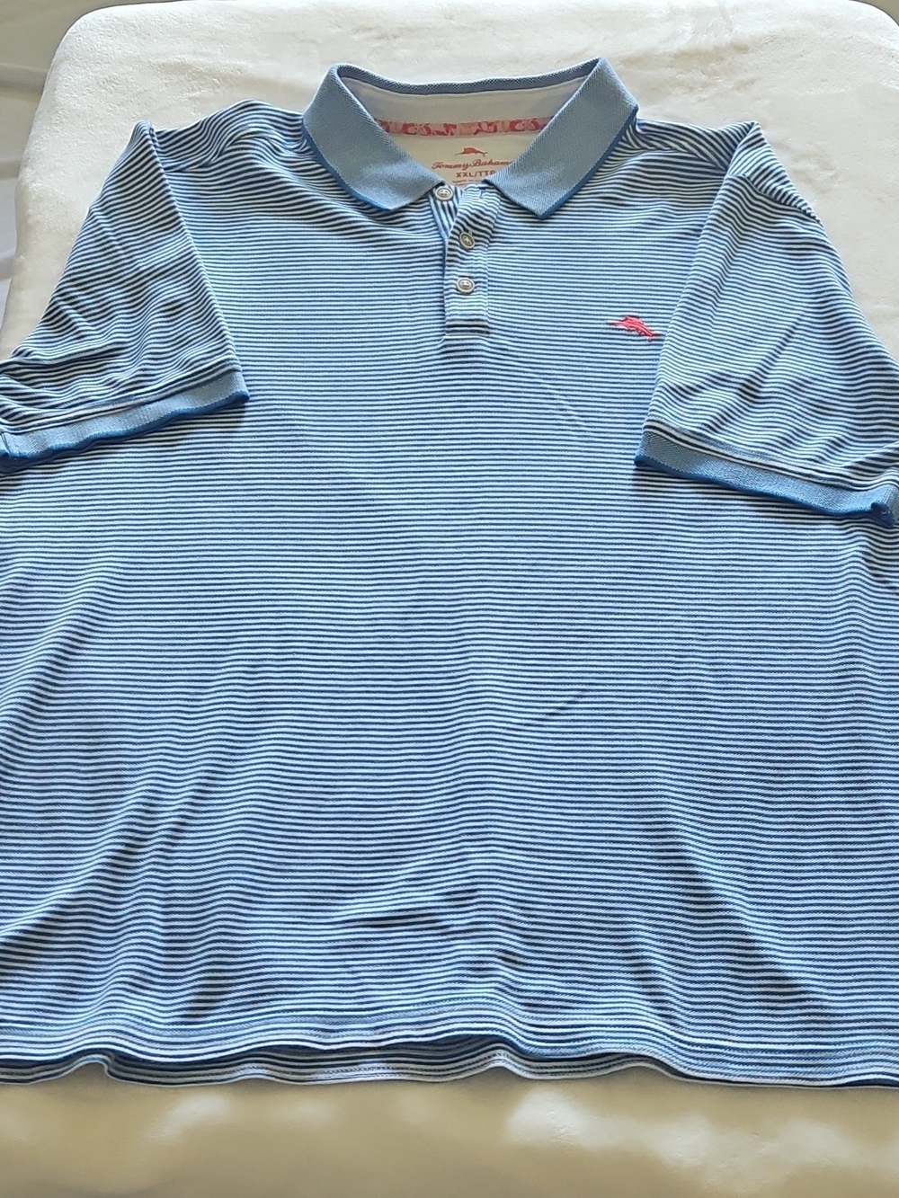 Tommy Bahama Light Blue & White Striped Polo with Pink Logo
